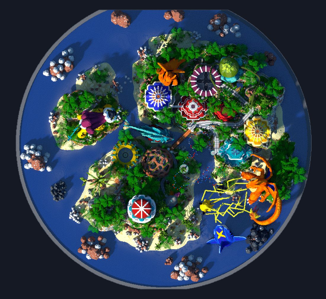 Le spawn vu du ciel : un archipel circulaire, ses dômes colorés, sa tour et ses statues.
