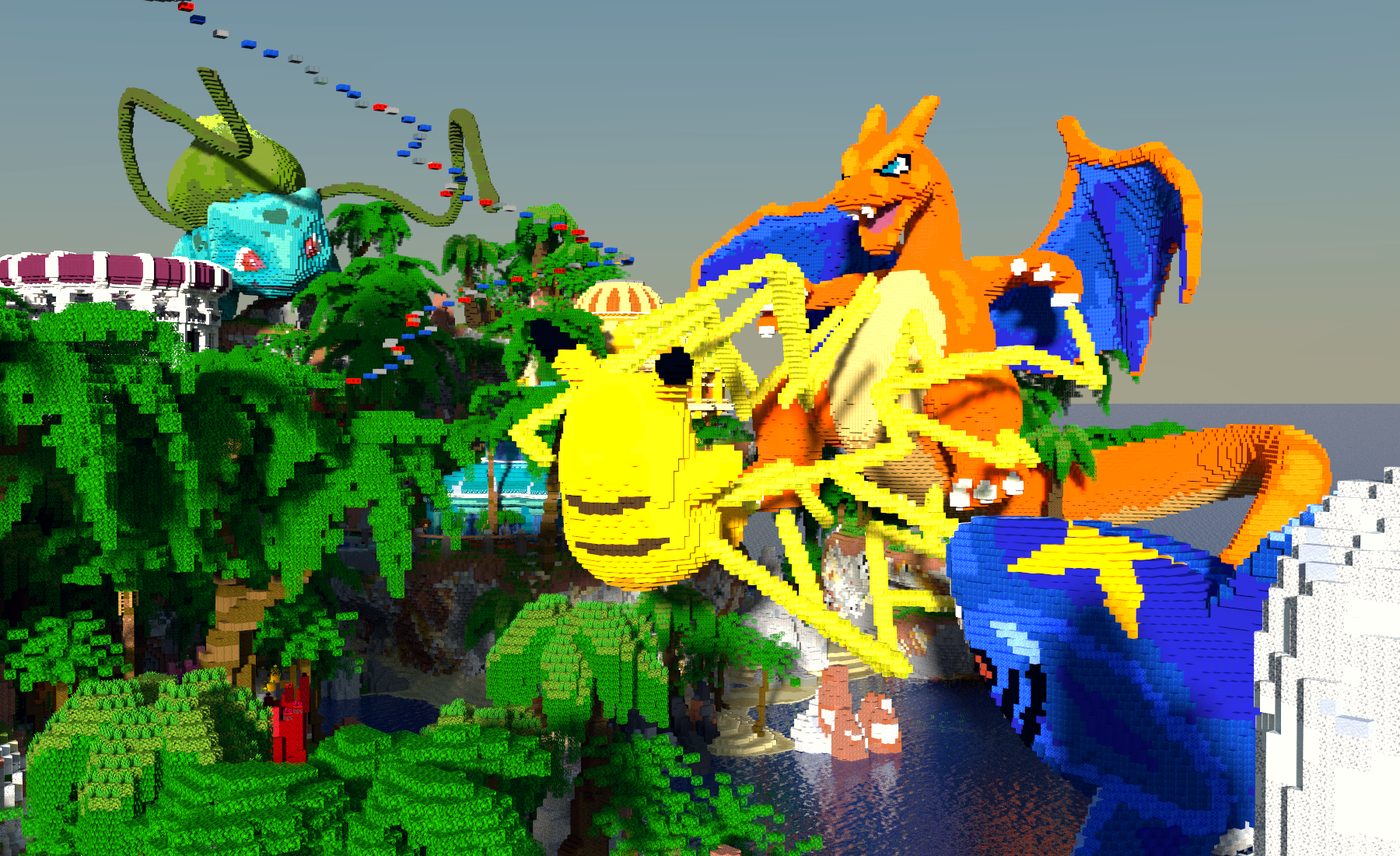 Le Dracaufeu et le Pikachu géants du spawn, face à face au milieu des palmiers.