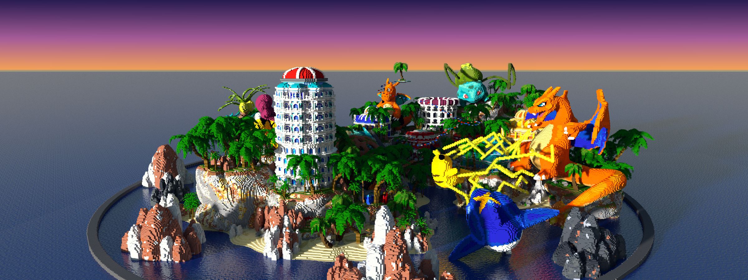Le spawn d'ElyoraMC au coucher du soleil : un archipel tropical avec une tour à dôme, un Dracaufeu, un Pikachu et un Bulbizarre géants.